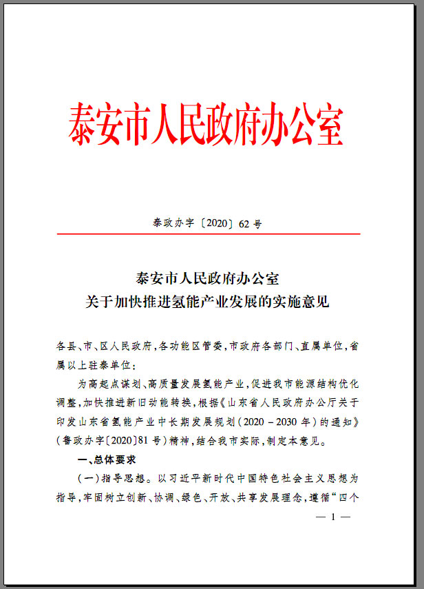 泰安市人民政府办公室关于加快推进氢能产业发展的实施意见